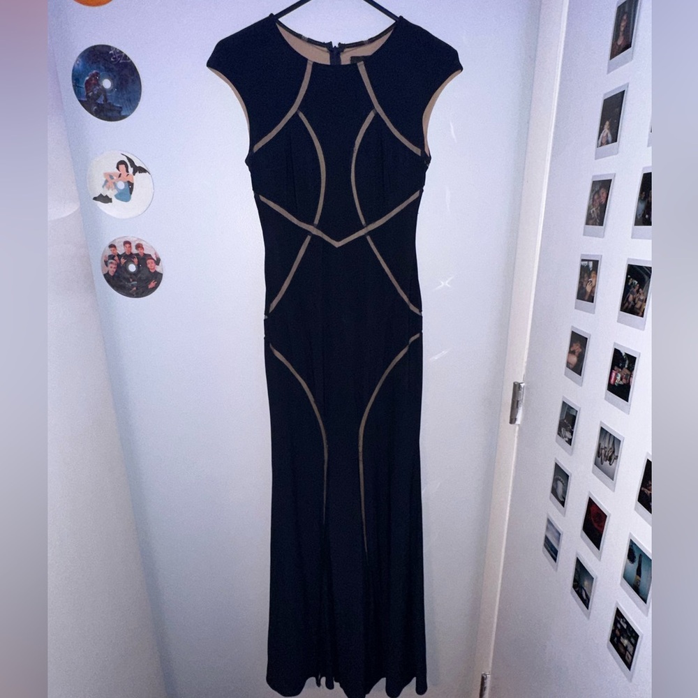 XSCAPE Long Ity Cap Sleeve Illusion Insets Gown - Navy Blue